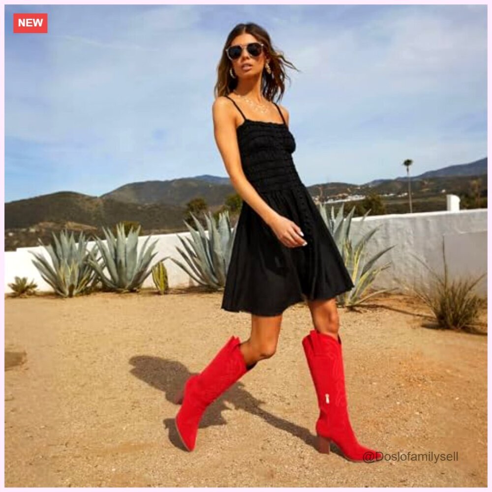 Knee High Cowboy Boots Pointed Toe Chunky Heel Pull-On Embroidered Western - Picture 3 of 7